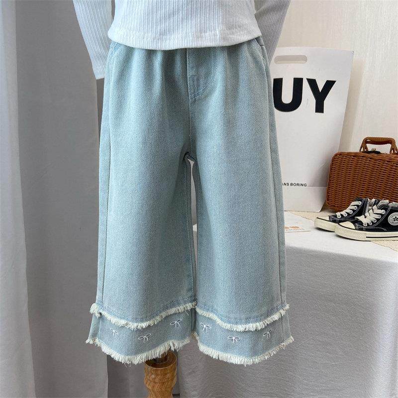 2025新款女童浅蓝色直筒牛仔长裤 韩版中腰阔腿裤 春秋时髦柔软长