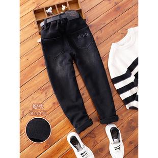 男童黑色薄绒瘦版牛仔小脚裤儿童秋冬裤子中大童修身底抓毛牛仔裤