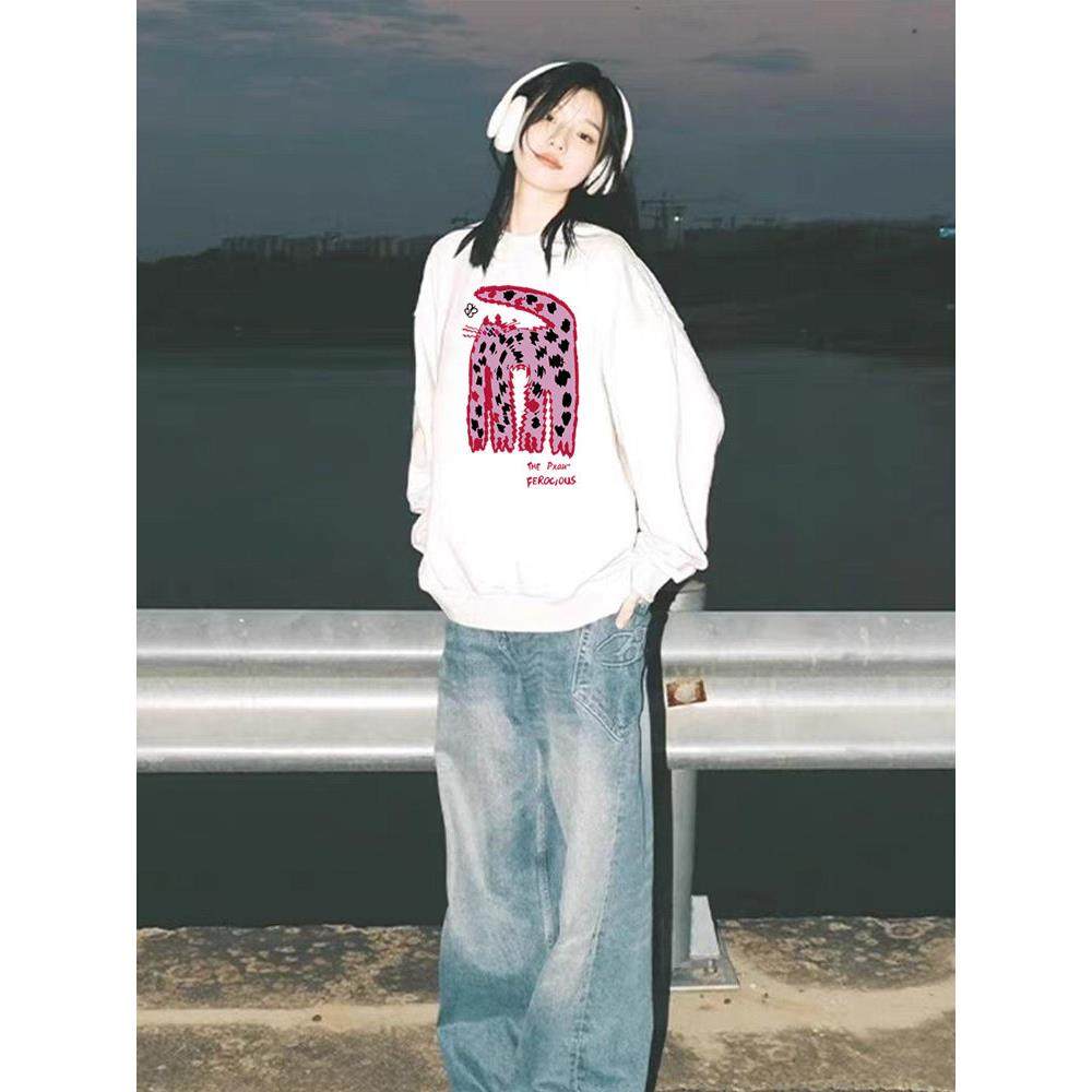 白色无帽圆领卫衣女2025新款早秋薄款韩系宽松加绒厚卡通印花上衣