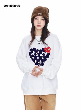 WHOOPS 美式波点爱心印花圆领卫衣女2025新款慵懒风情侣百搭上衣
