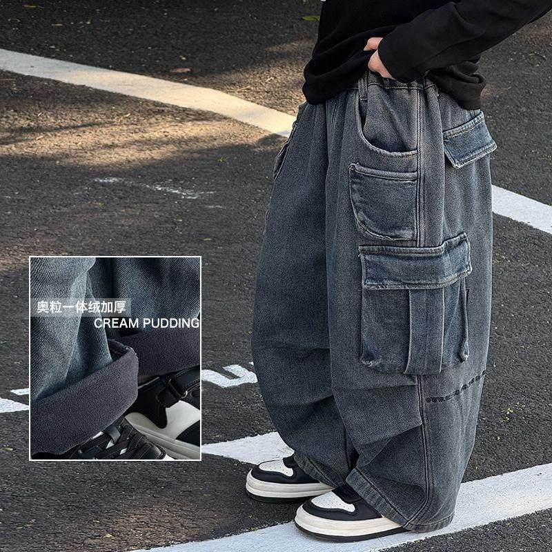 男童加绒牛仔裤冬季一体绒2025新款休闲直筒长裤加厚儿童工装裤子