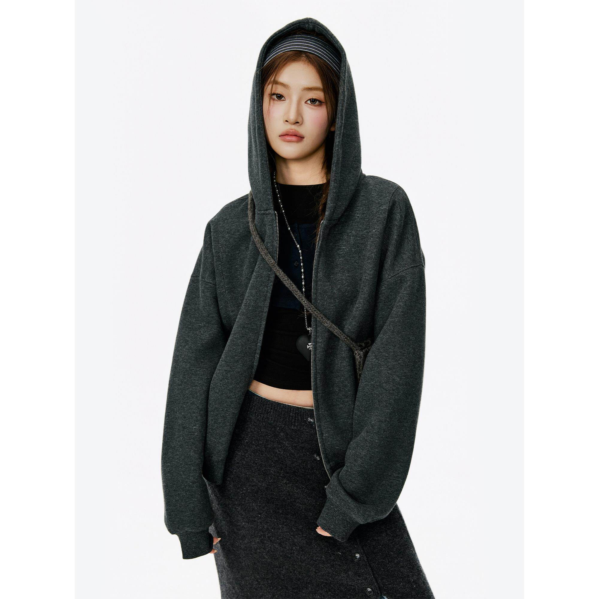 400G重磅拉链连帽卫衣外套薄款女秋季韩系初秋早秋深灰色休闲开衫