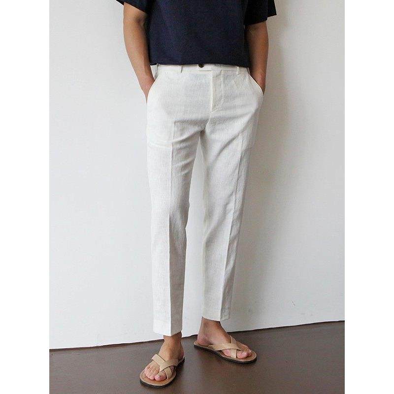 亚麻西裤大码夏季男白色棉麻料九分裤男士休闲裤透气西装裤子直筒