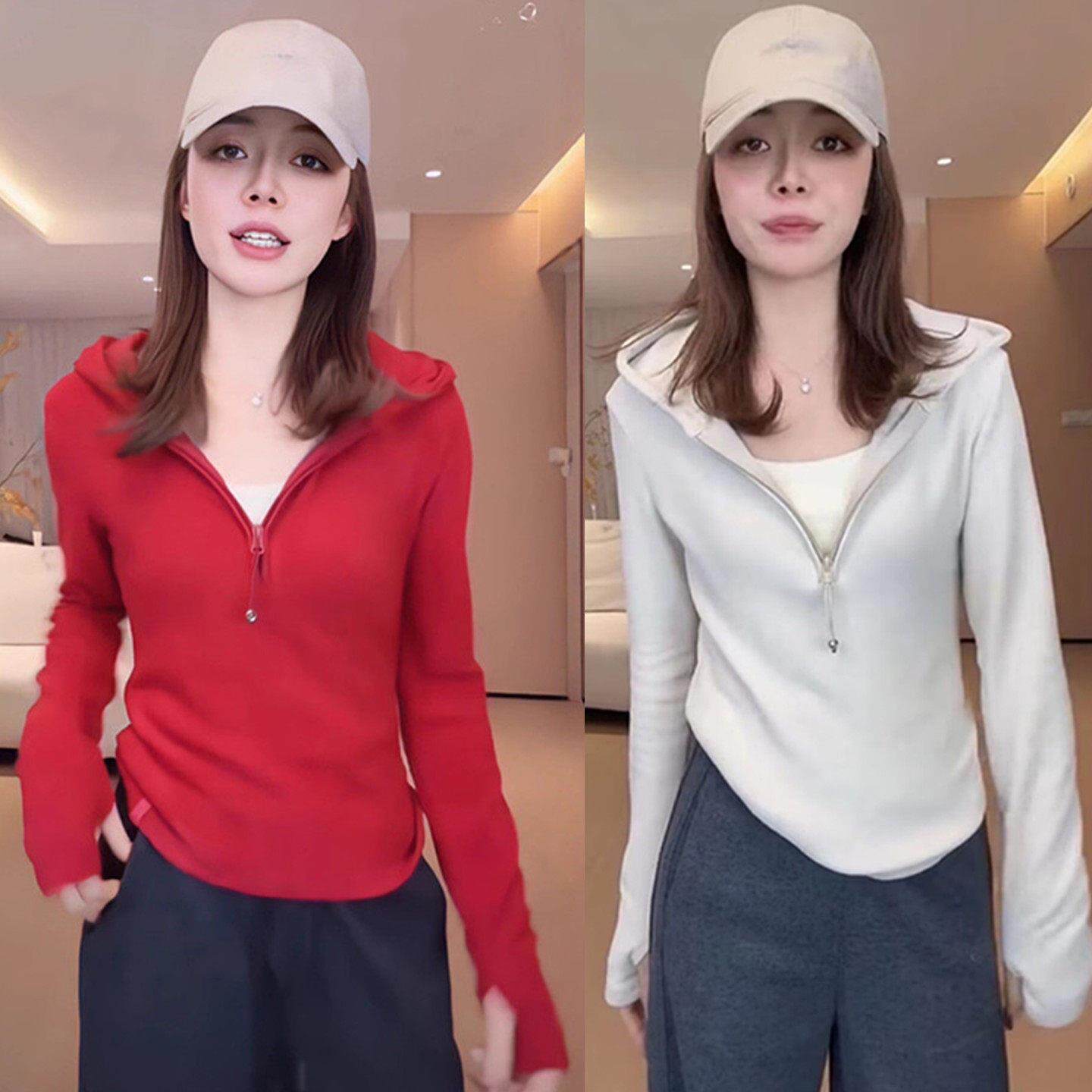 韩系纯色半拉链连帽卫衣女冬季巨好看双面德绒修身显瘦打底衫上衣