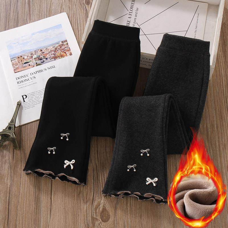 女童黑色喇叭裤加绒秋冬季儿童加厚修身洋气裤子中大童打底裤外穿