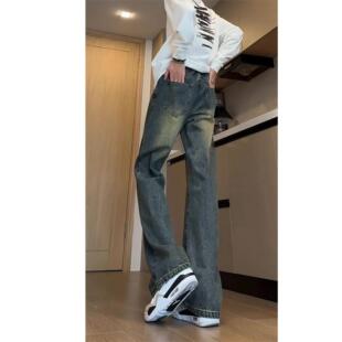 OOTD覆古蓝牛仔裤美式高街vibe修身高腰直筒微喇裤男生显瘦弯刀裤