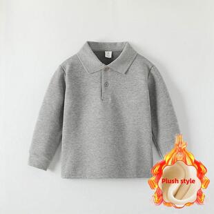 儿童白色马球衫羊绒衬里加厚男童翻领t恤秋冬底衫女童小学校服