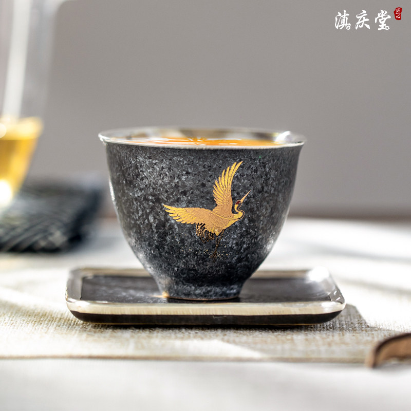 滇庆堂 手工粗陶瓷包银杯茶杯主人杯纯银杯子足银999仙鹤寿桃柿子