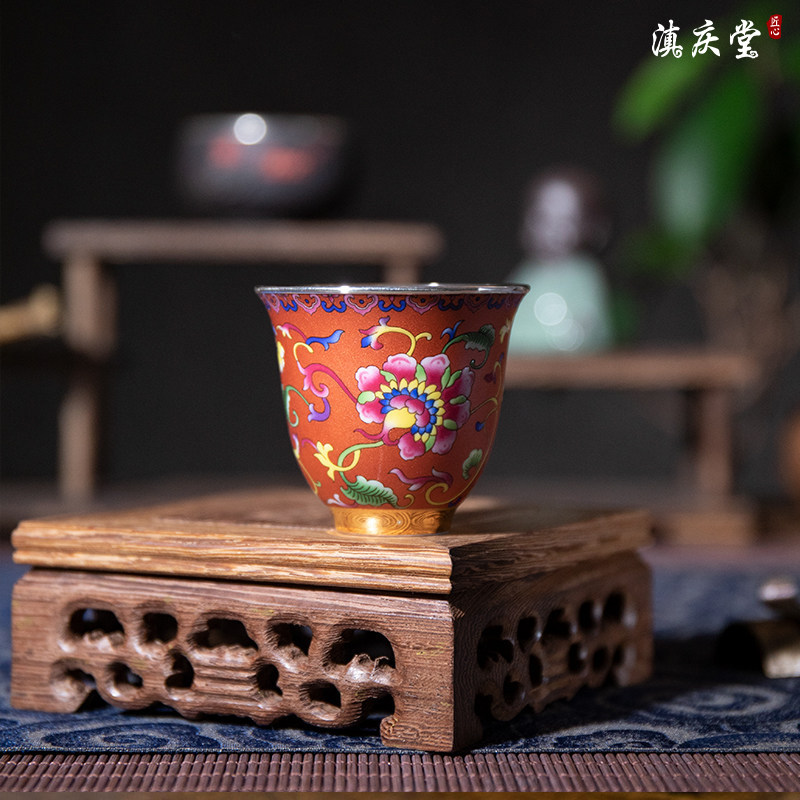 滇庆堂 瓷包银茶杯主人杯纯银999足银品茗杯珐琅彩杯功夫茶具杯托图片