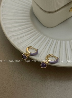 甜美紫色爱心耳环小众设计感气质耳饰个性925银针简约百搭韩版女~