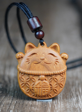 天然雷击桃木招财猫吊坠一体精雕摆件招财进宝木雕道家用品