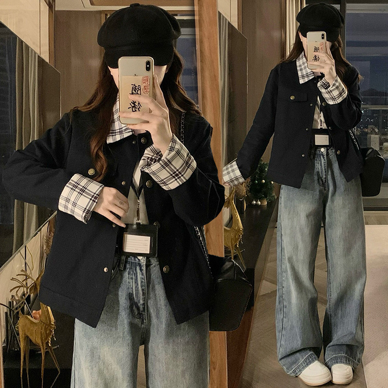 实拍 格纹翻领夹克女2025新款秋季复古小众短款修身休闲翻领外套