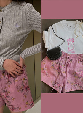 高品 2024春夏GAN紫色复古印花松紧腰阔腿裤甜美薄款休闲裤短裤女