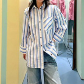 2024春夏GA银湖蓝条纹廓形百搭长袖 学院风休闲宽松百搭上衣衬衫 女