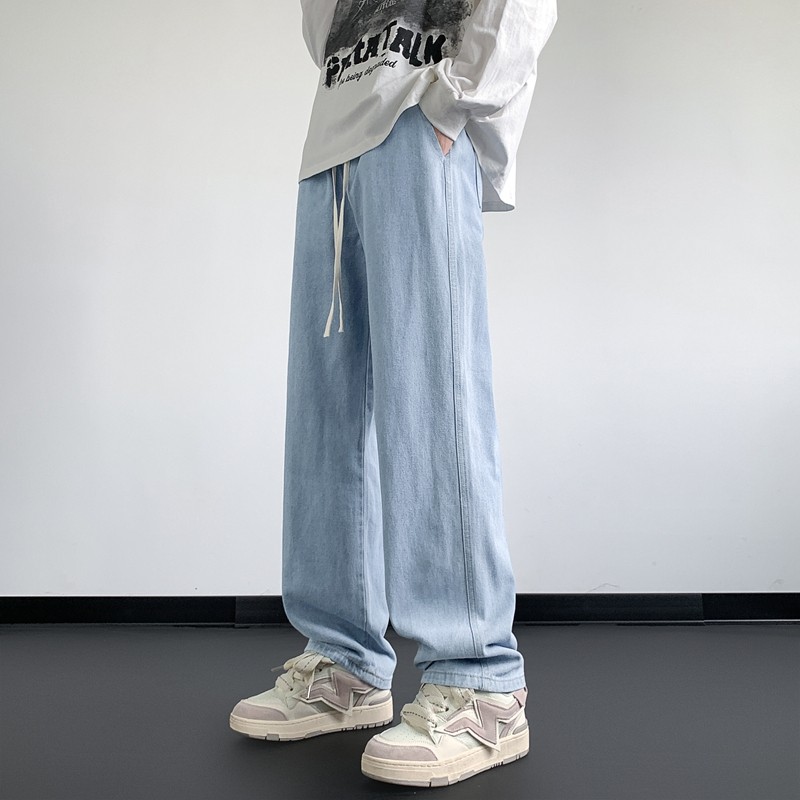 男款裤子休闲运动春秋款无磁无铁显高直筒长裤浅蓝色复古牛仔裤男,男装,牛仔裤,淘宝优惠券,粉丝福利购,淘宝优惠卷