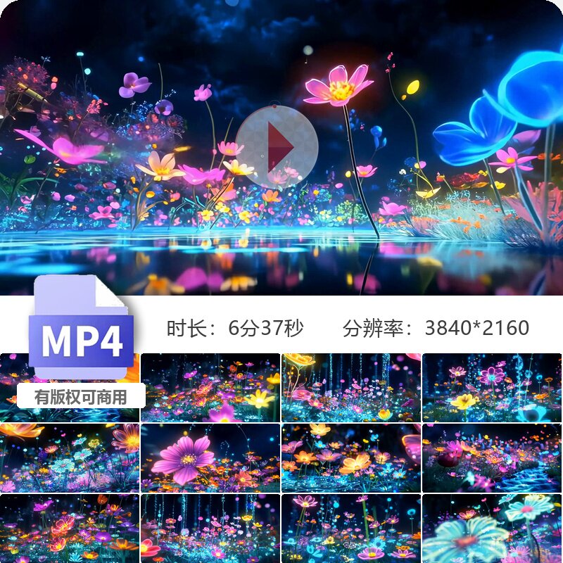 高清浪漫梦幻发光花海全息投影舞台背景唯美粒子蝴蝶沉浸视频素材