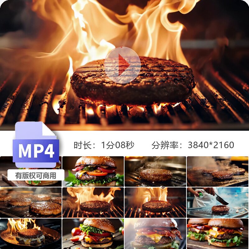 高清牛肉汉堡制作烧烤火焰煎肉饼多汁芝士腌黄瓜诱人特写视频素材