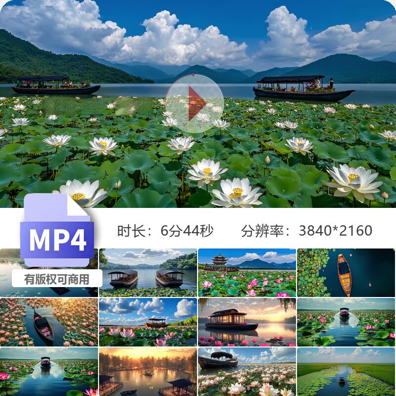 高清水上莲花盛开莲花湖泛舟荷花自然风光湖泊游船日落古视频素材