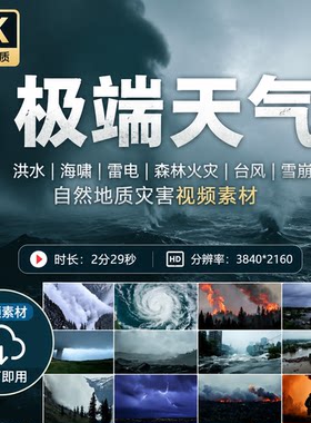 高清洪水海啸雷电森林台风雪崩极端天气自然地质灾难灾害视频素材