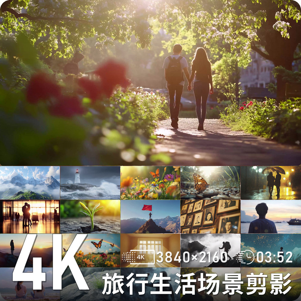 旅行徒步自然风光人物剪影海边日出蝴蝶花海高清动态背景视频素材