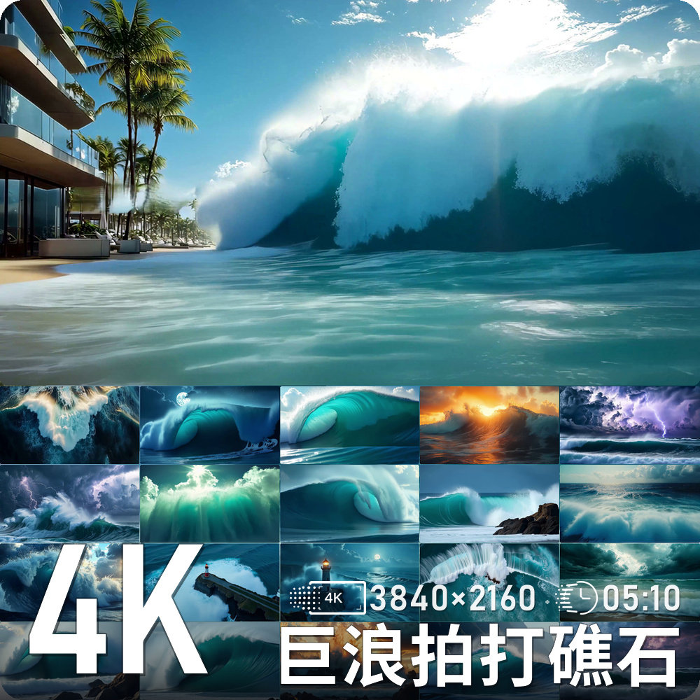 海岸礁石与灯塔前的巨浪翻涌蓝绿色风暴海景高清动态背景视频素材