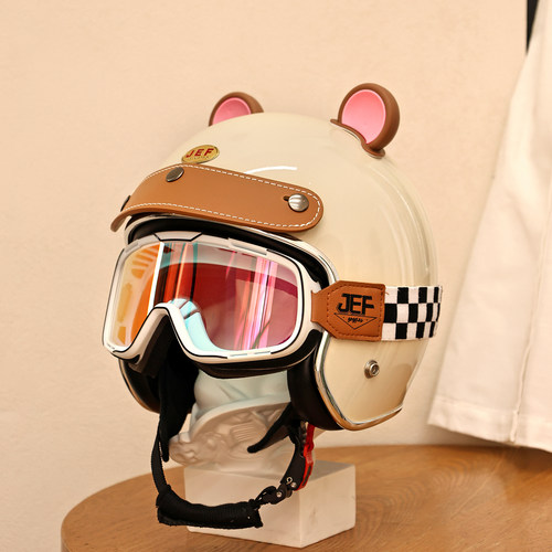 台湾JEF复古耳朵装饰摩托车头盔四季通用安全盔男女机车骑行3/4盔