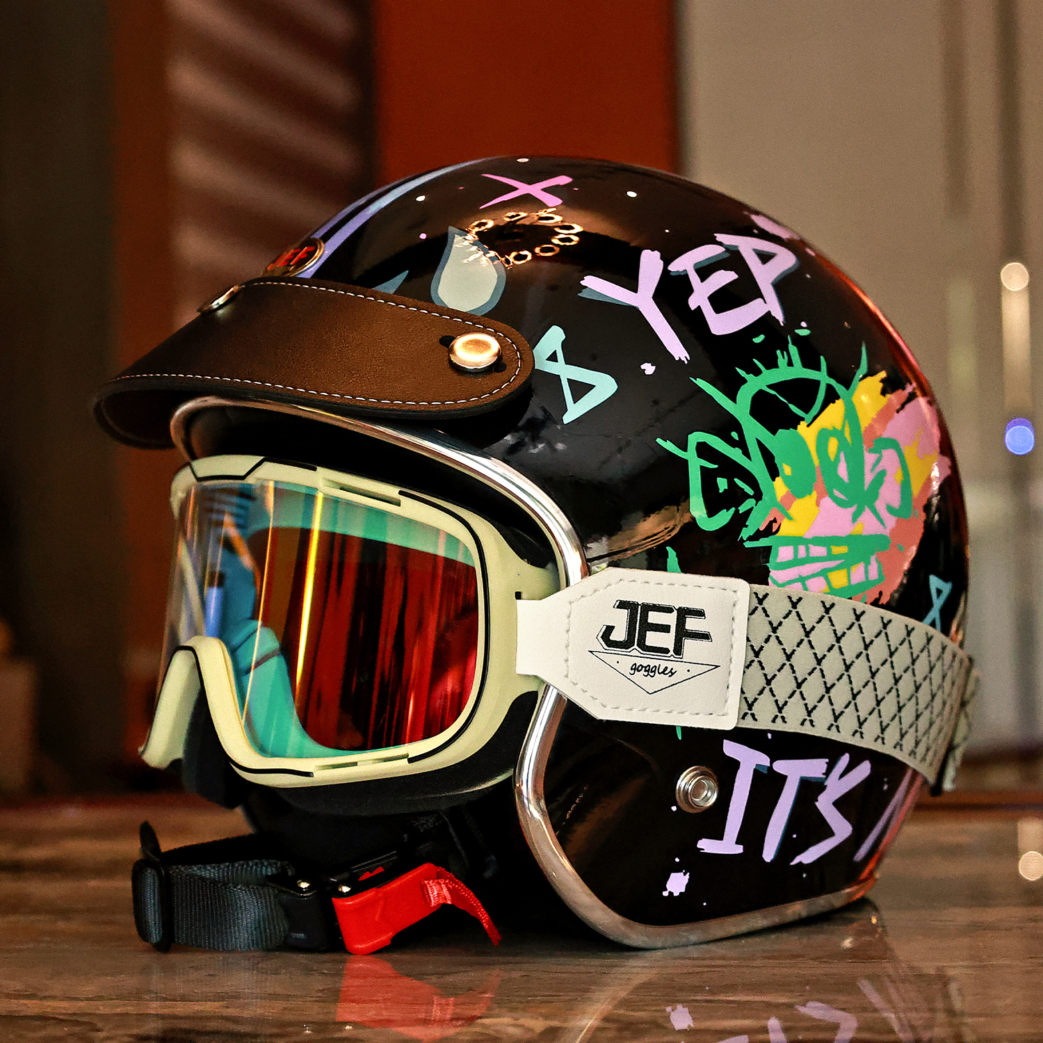 台湾JEF复古头盔半盔3C涂鸦高颜值轻便四季通用摩托车四分之三盔