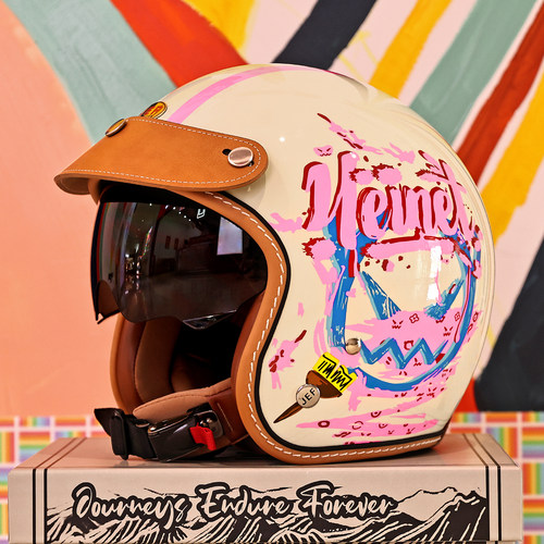 台湾JEF头盔万圣涂鸦复古3/4盔男机车卡通3C摩托车小头围四季盔女