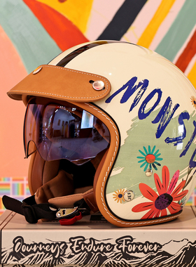 台湾JEF复古头盔女踏板摩托车半盔男3C夏季凉感3/4盔小怪兽四季盔