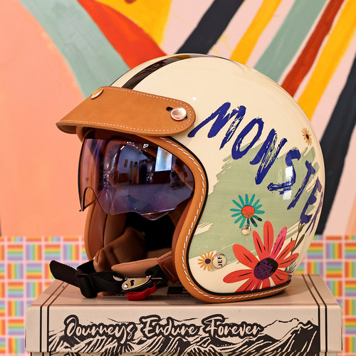 台湾JEF复古头盔女踏板摩托车半盔男3C夏季凉感3/4盔小怪兽四季盔