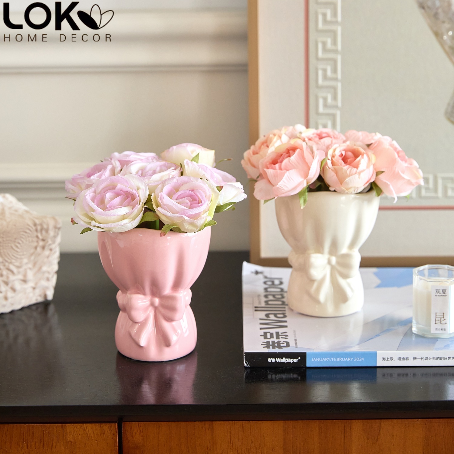 手捧花束陶瓷花瓶仿真花假花家居创意装饰品客厅玄关插花餐桌摆件