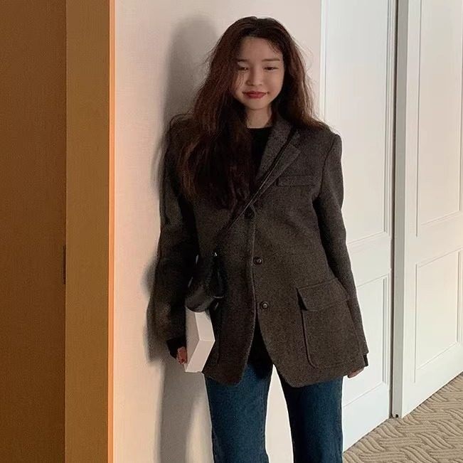 韩国羊毛呢小西装外套女韩版宽松复古ins秋冬呢子加厚高级感大衣