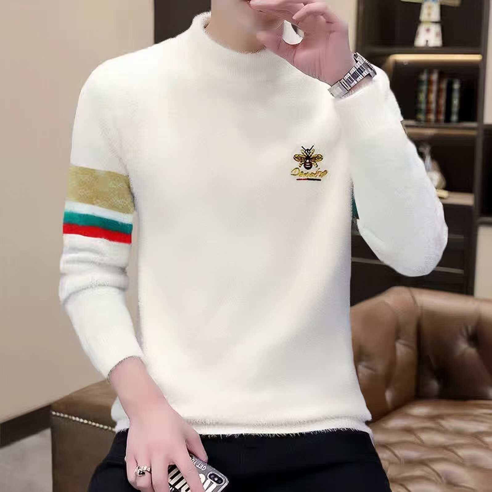 高端水貂绒毛衣男秋冬季轻奢套头半高领针织衫上衣修身保暖毛衣潮