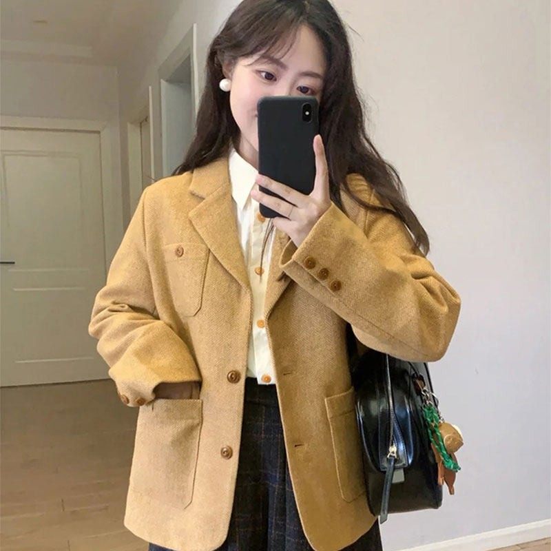 秋冬休闲西服上衣复古宽松百搭英伦风人字纹单排扣小西装外套女