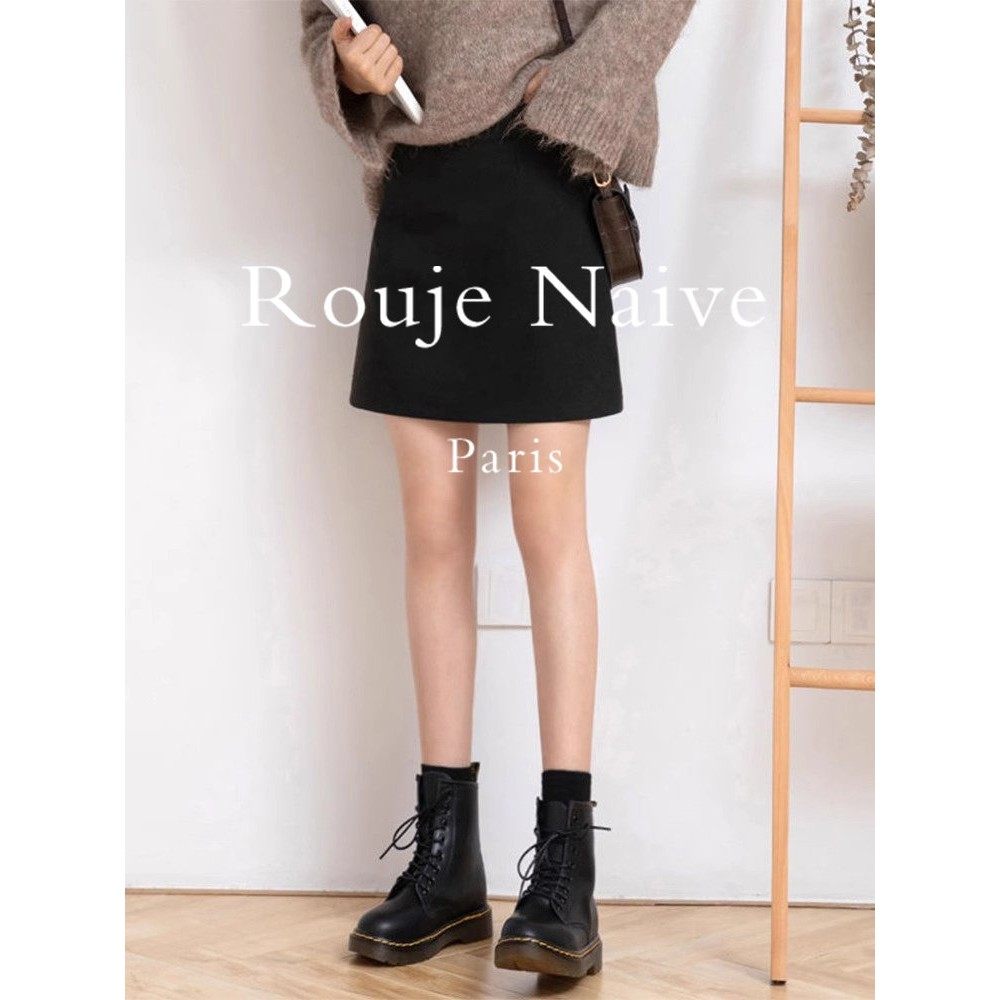 Rouje Naive黑色短裙女秋冬新款高腰显瘦一步裙包臀A字裙大码毛呢,女装/女士精品,大码半身裙,淘宝优惠券,粉丝福利购,淘宝优惠卷