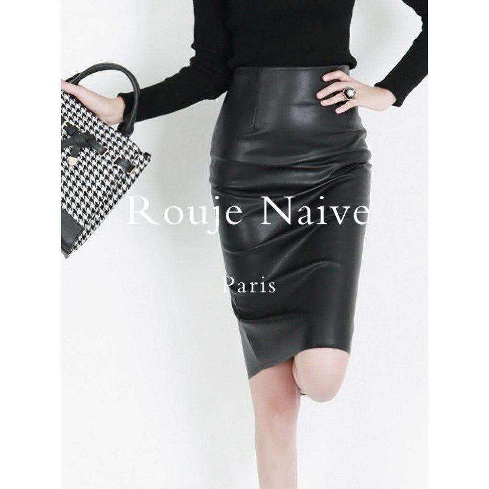 Rouje Naive新款皮裙半身裙女高腰包臀裙一步裙显瘦黑色气质中裙