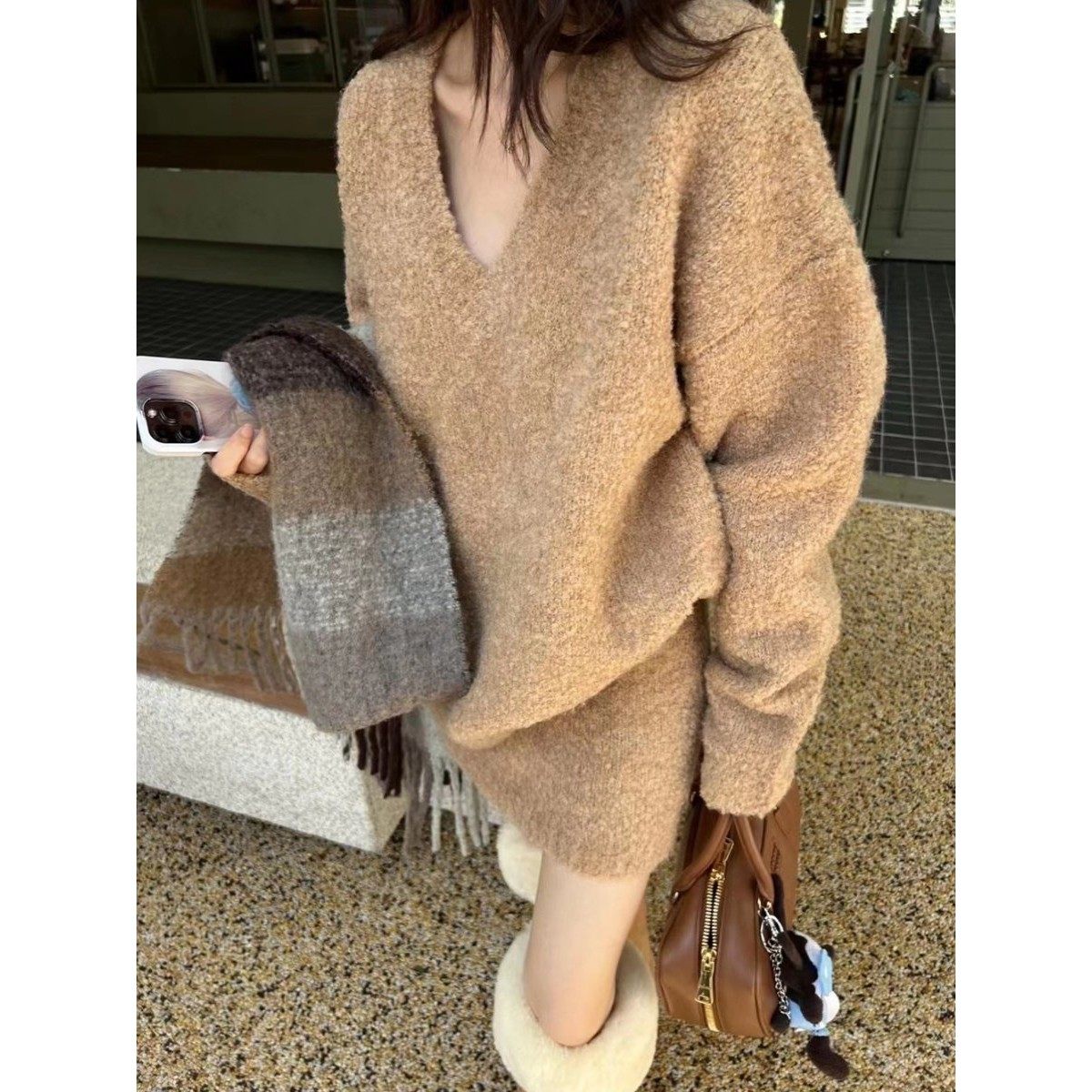 韩国2025秋新款气质毛绒宽松加厚毛衣短裙套装女时尚针织裙两件套