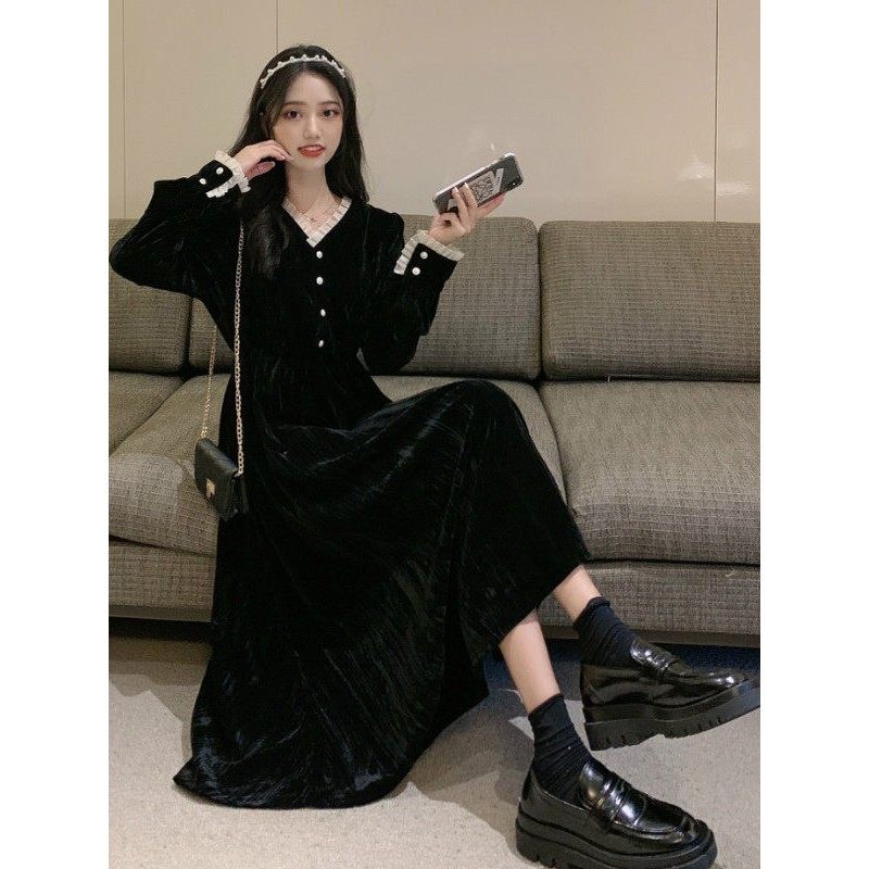 欧洲站秋装女款2025年新款法式赫本风收腰显瘦长袖黑色丝绒连衣裙,女装/女士精品,连衣裙,淘宝优惠券,粉丝福利购,淘宝优惠卷