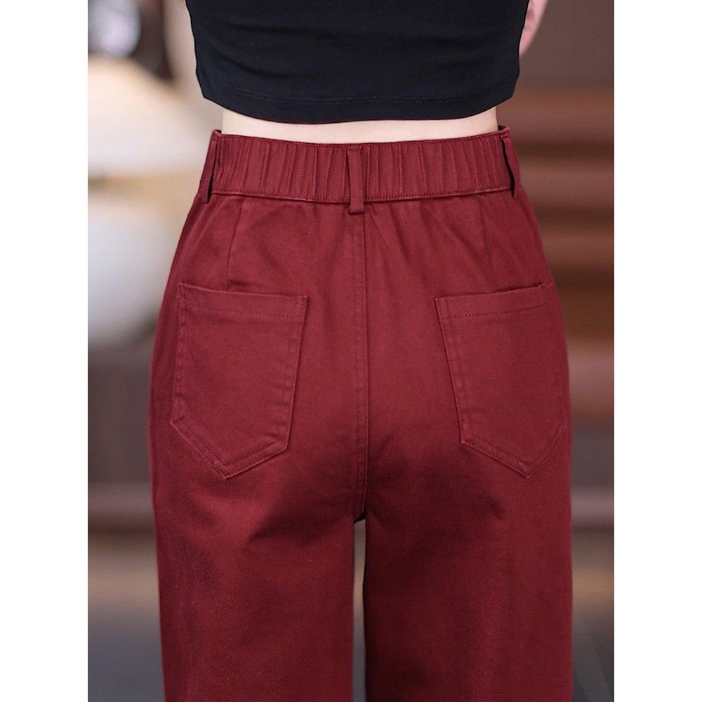 安格拉红高腰窄版阔腿裤女春秋新款松紧腰休闲裤子显瘦高腰直筒裤