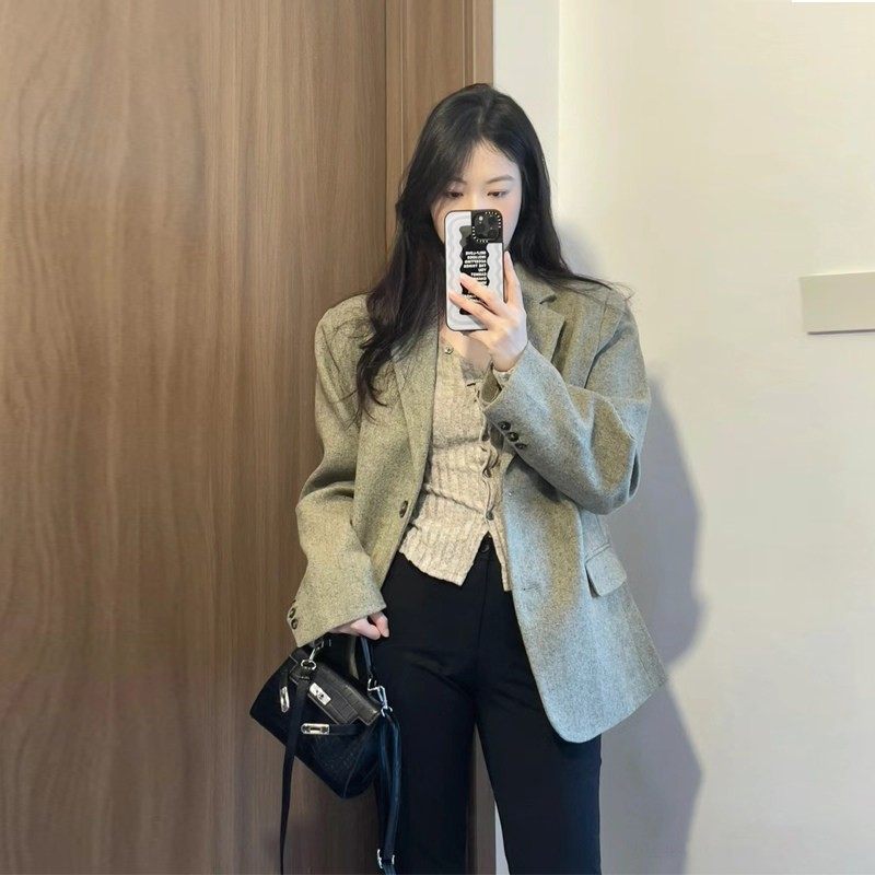 灰色加厚羊毛呢小西装外套2025秋冬季高级感韩系小个子呢子大衣女