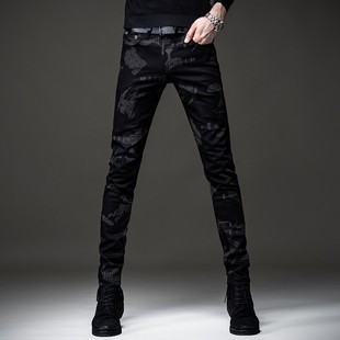 高端2024秋冬加绒黑色印花牛仔裤男潮牌修身小脚韩版潮流休闲裤男