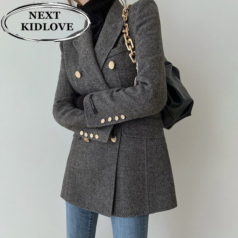 日本代购高级感人字纹毛呢外套女春秋中长款修身金扣呢子西装上衣