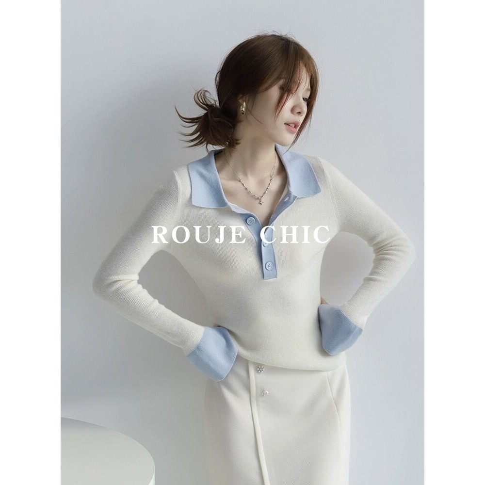 法国ROUJE CHIC法式长袖撞色polo领针织衫女秋季减龄气质修身毛衣,女装/女士精品,大码内搭,淘宝优惠券,粉丝福利购,淘宝优惠卷