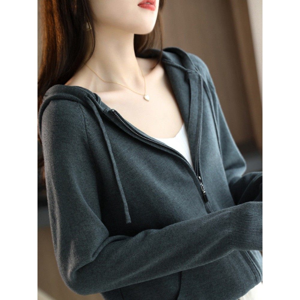 欧洲站灰色连帽开衫卫衣女春秋季2025年新款薄款时尚大码针织外套