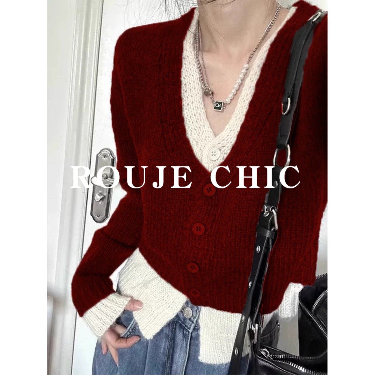 法国rouje chic法式安可拉红假两件v领针织衫女秋冬慵懒外搭毛衣,女装/女士精品,大码内搭,淘宝优惠券,粉丝福利购,淘宝优惠卷