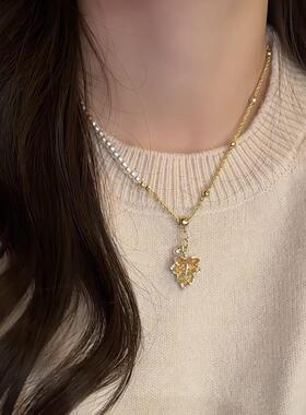 法式金色渐变枫叶珍珠拼接项链女轻奢小众高级感锁骨链配饰颈链