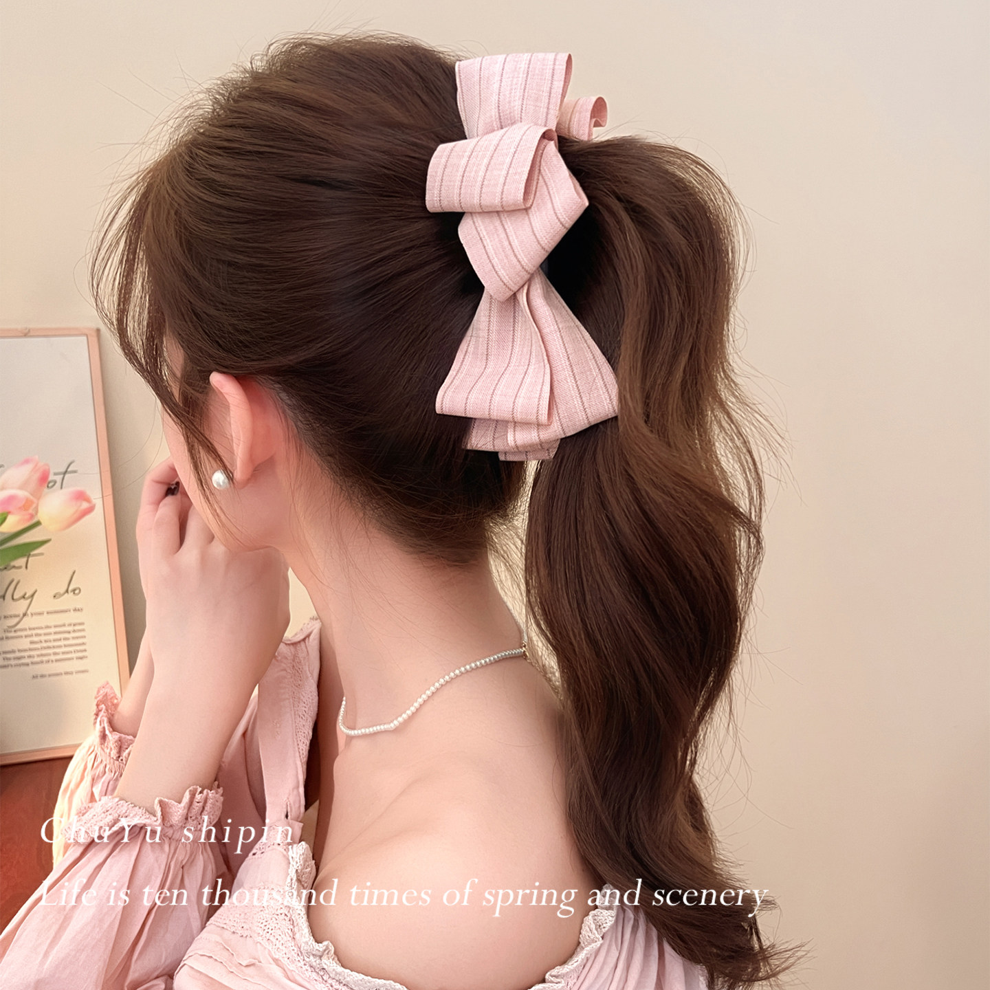 甜美布艺条纹蝴蝶结香蕉夹女春夏2026后脑勺高马尾抓夹发夹发饰