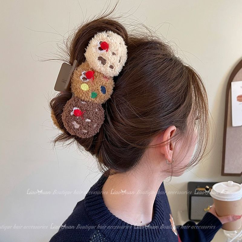 可爱曲奇发夹女秋冬2024新款后脑勺毛绒盘发抓夹大号高级感鲨鱼夹