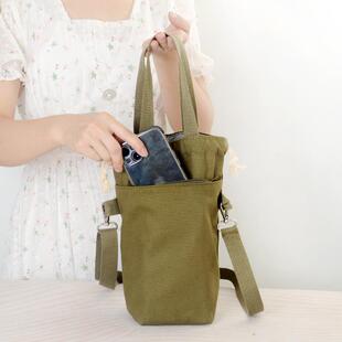 便携帆布防水杯袋手提斜挎挂绳带手提单肩保温杯套通用学生水壶套