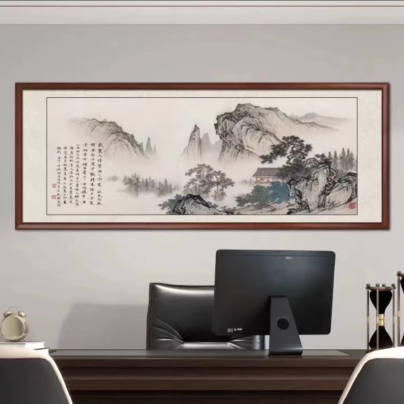 新中式客厅沙发背景墙装饰画办公室实木画山水风景画壁画大气挂画